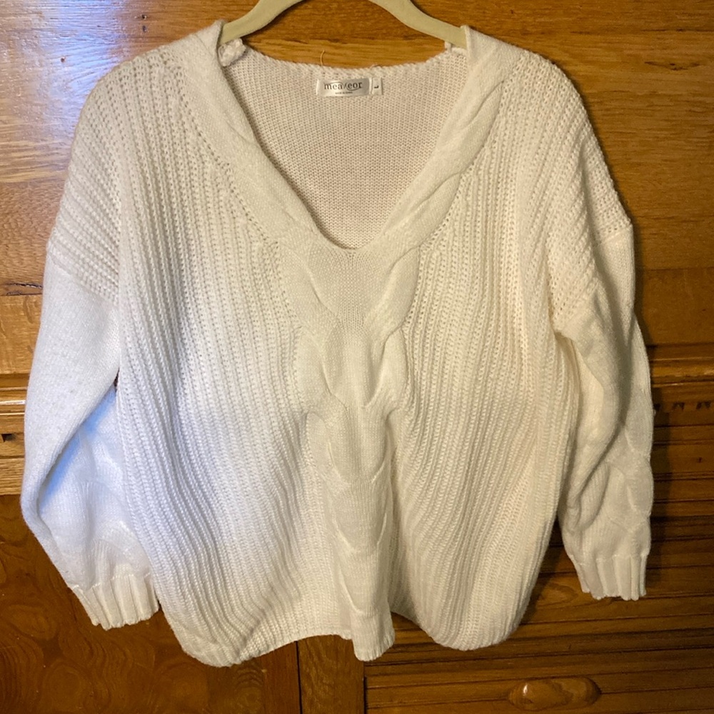 Meaneor Old Money Preppy Clean Girl White Cable Knit Sweater Chunky Ribbed